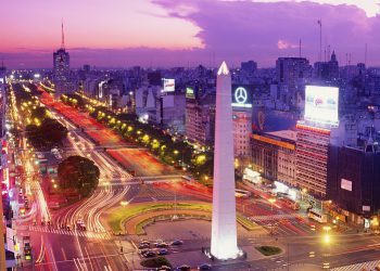 Argentina, Buenos Aires, Plaza de la Republica at dusk, elevated view