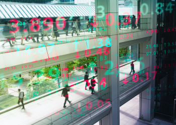 Multi layered businessmen with stock index