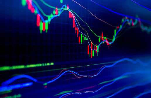 Selective focus of Business graph charts of financial instruments with various type of indicators combine with gold and account book and money. Concept investment. Moving average graph