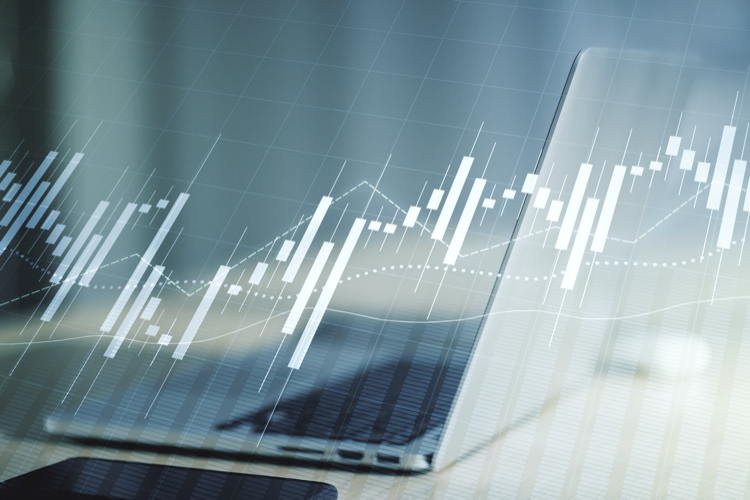 Multi exposure of abstract creative financial graph on modern computer background, forex and investment concept
