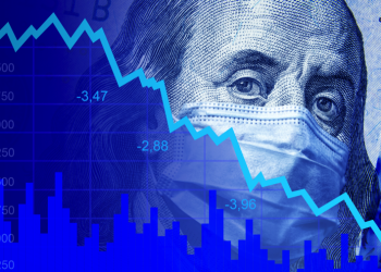 COVID-19 impacts to business, dollar money and graph of stock market crash during coronavirus pandemic. World economy hits by novel corona virus.