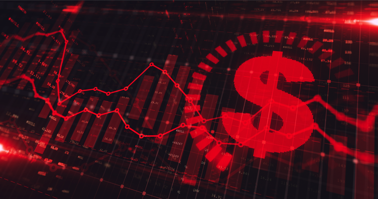 Stock market Dollar trading graph in green red as economy 3D illustration background.