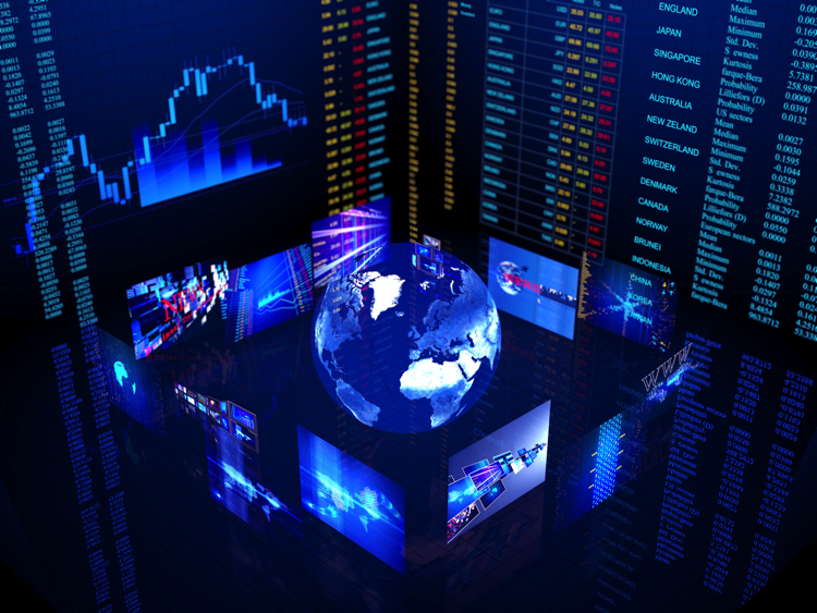 Digital world business center in blue with lights