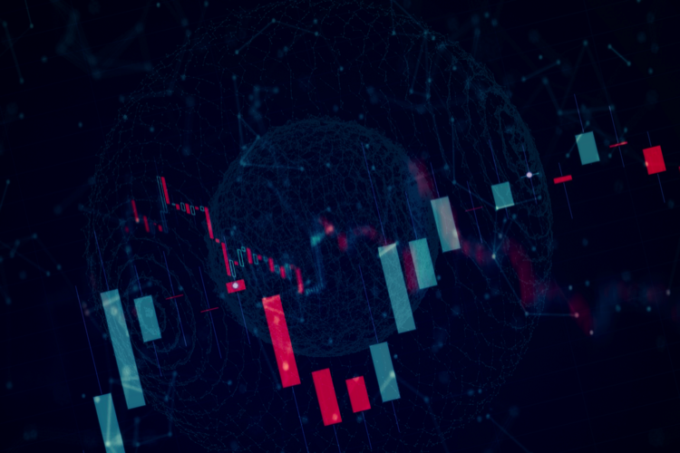 financial instruments with various type of indicators including volume analysis for professional technical analysis on the monitor of a computer. Fundamental and technical analysis concept.