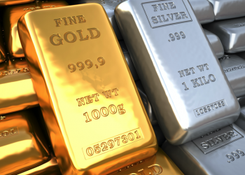 Silver ingot and gold bullion. Finance illustration