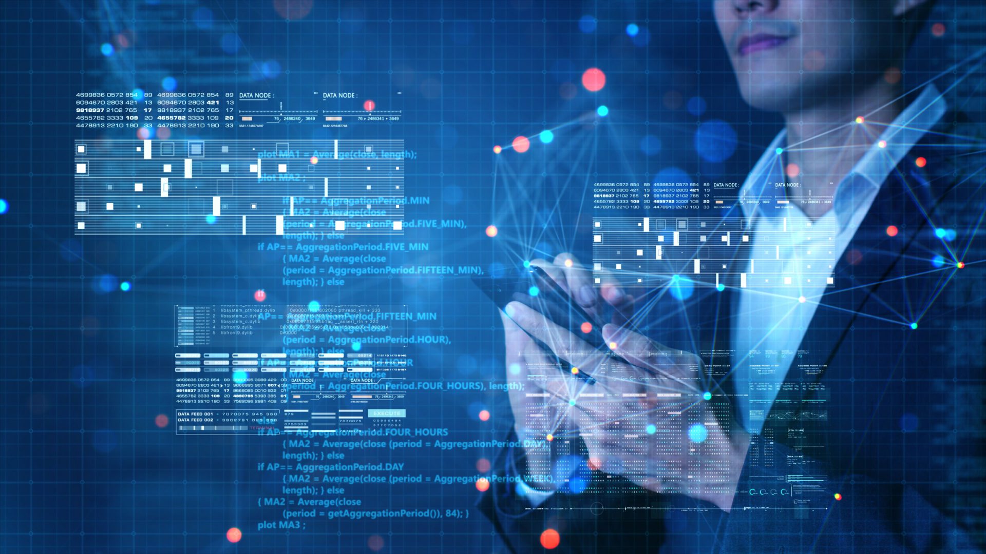 smart Asian business man using mobile phone with financial investment digital technology, futuristic artificial intelligence tech and finance graph symbol effect.