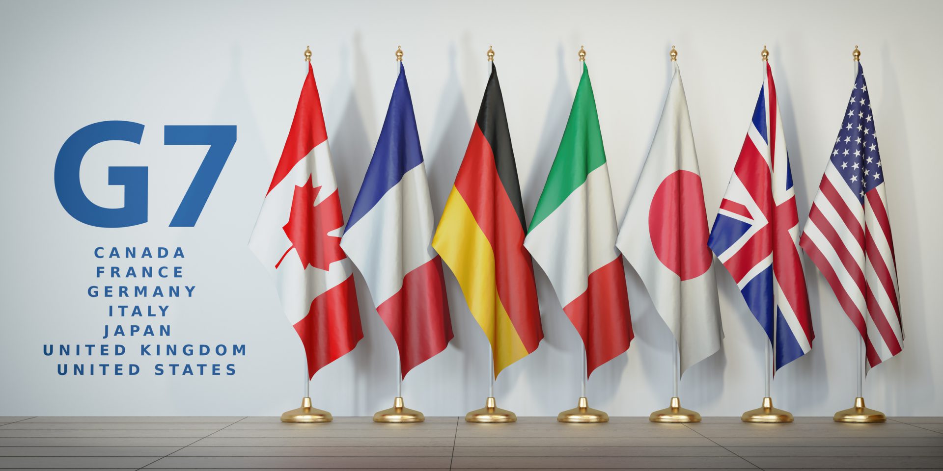 G7 summit or meeting concept. Row from flags of members of G7 group of seven and list of countries,