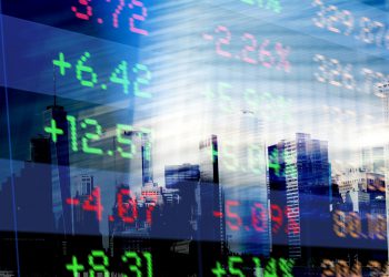 Finance. Abstract office Buildings and Trading Screen Data