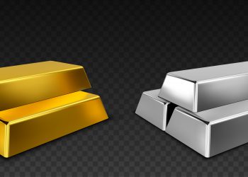 Vector gold and silver bars isolated on dark transparent background