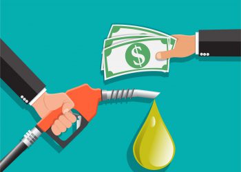 Buying petrol , Fuel pump in hand man in exchange for money , Payment for fuel , Vector illustration.