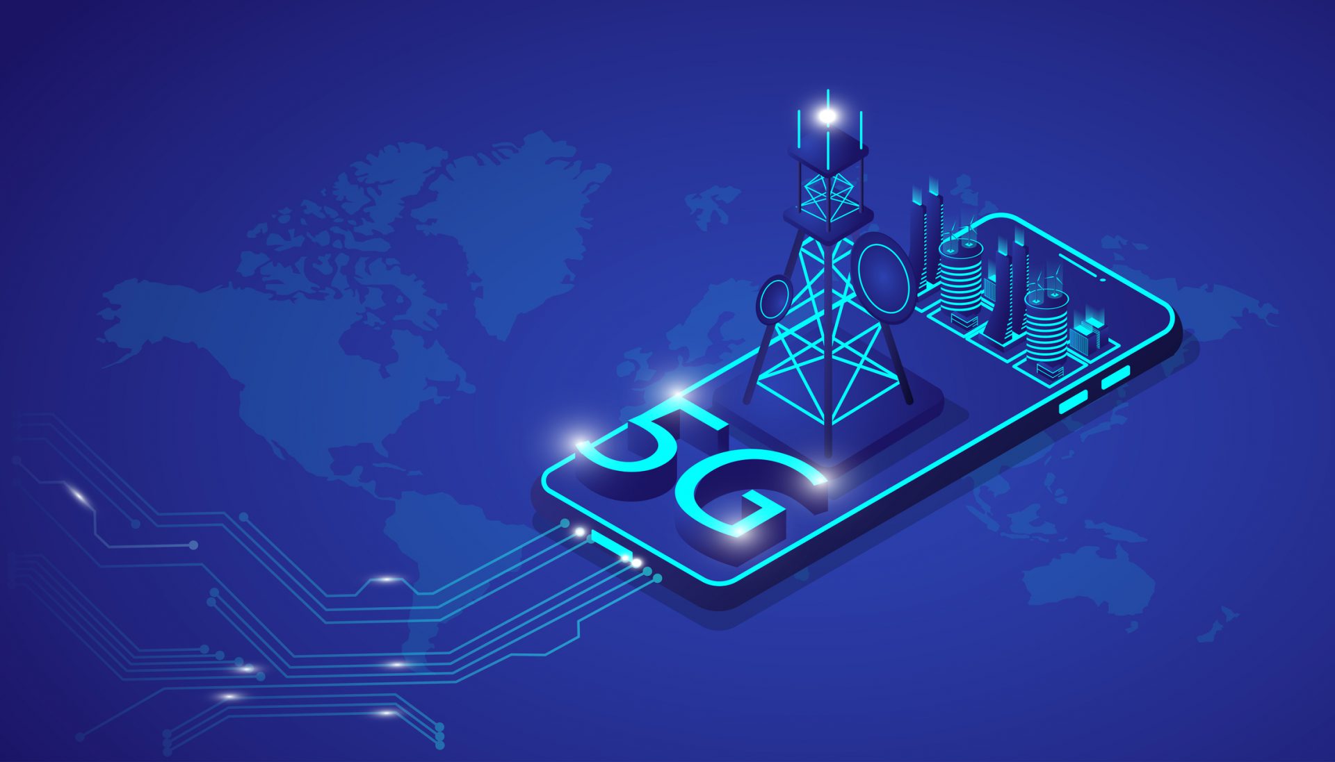 Isometric smart city and giant smartphone with 5G technology network. Vector illustration design.