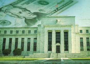 Federal Reserve building with twenty dollar bill on grunge texture