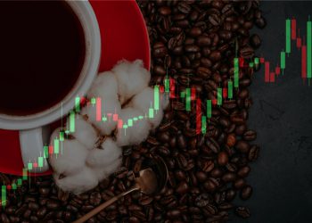 Japanese candlestick red and green chart showing uptrend market on black background