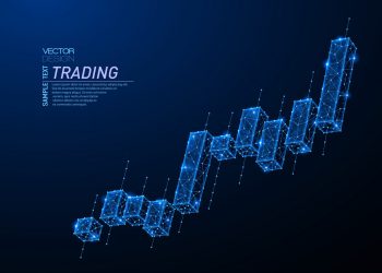 Abstract polygonal light design of Japanese candlesticks. Business low poly wireframe mesh spheres from flying debris. Stock market trading concept. Blue lines structure style vector illustration.