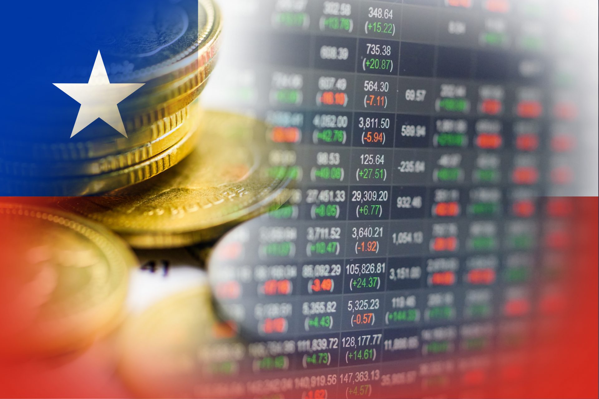 Stock market investment trading financial, coin and Chile flag or Forex for analyze profit finance business trend data background.