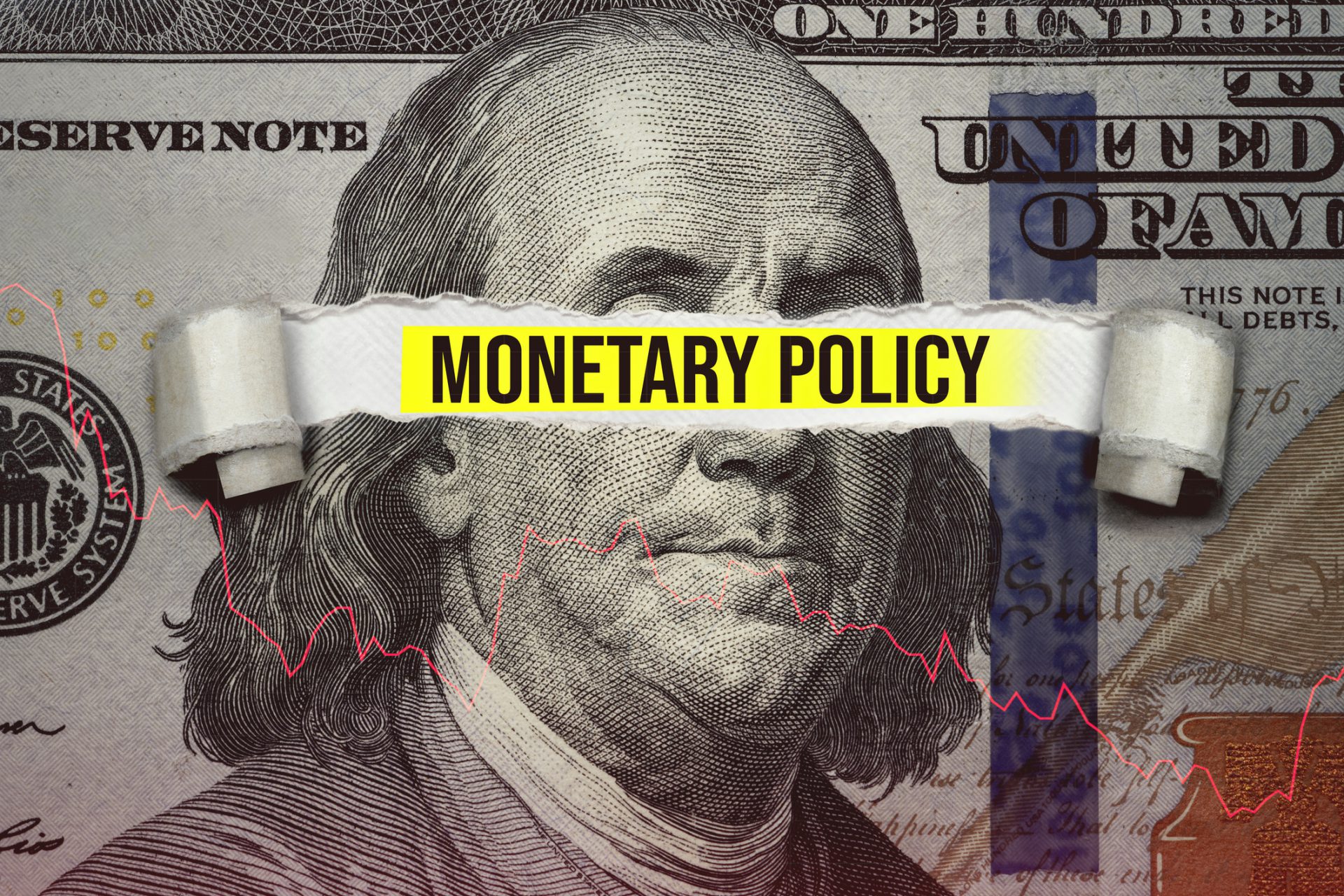 Torn bills revealing Monetary Policy words. Ideas for Increase or Decrease interest rates, Stimulate the economy, Moneyless valuable