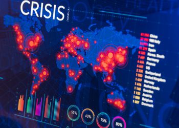 Infographic of global finance and healthcare crisis on digital display