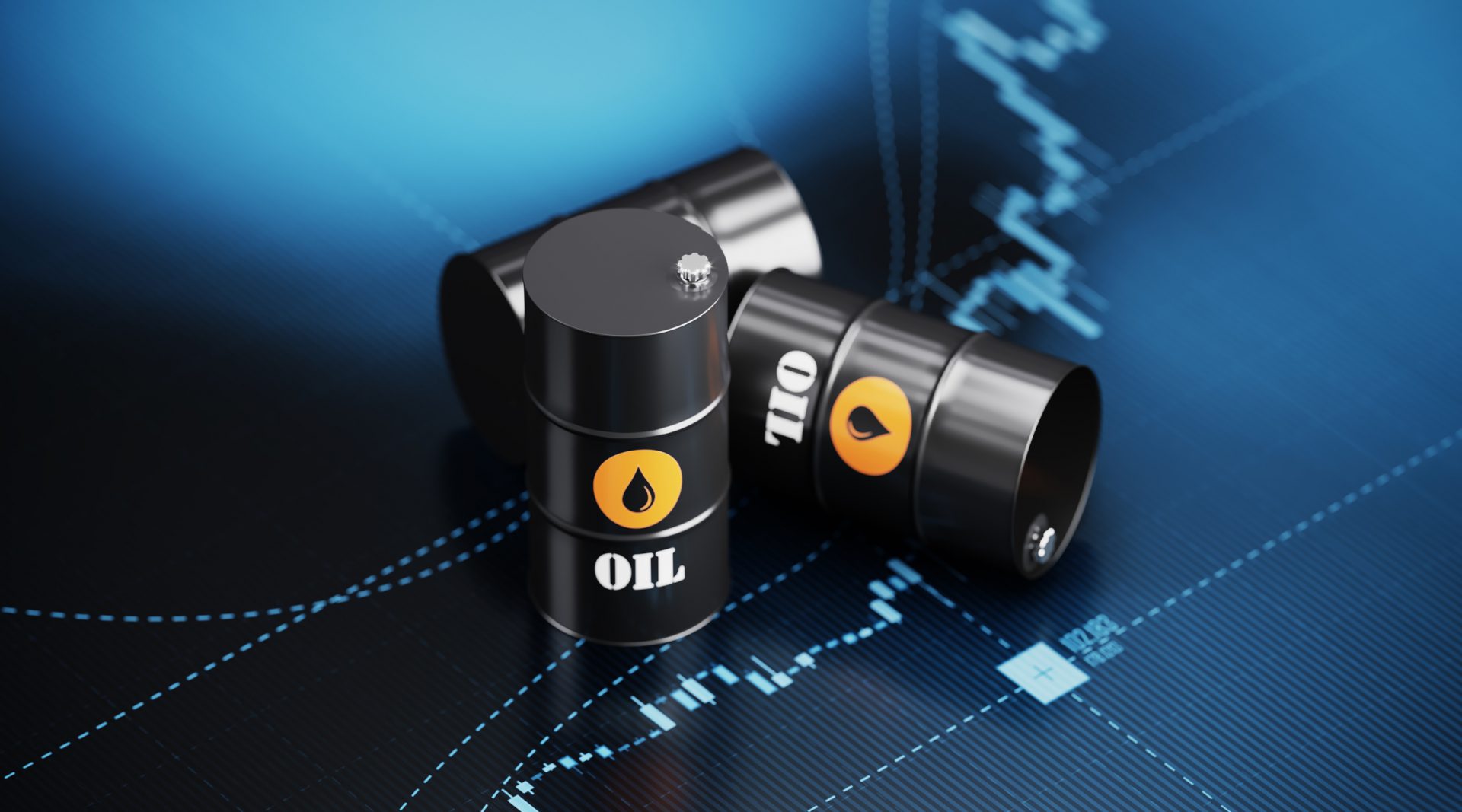 Oil drums sitting over blue financial graph background. Selective focus. Horizontal composition with copy space. Oil prices and stock market and finance concept.
