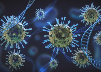 Green and blue coronavirus cells under magnification intertwined with DNA cell structure