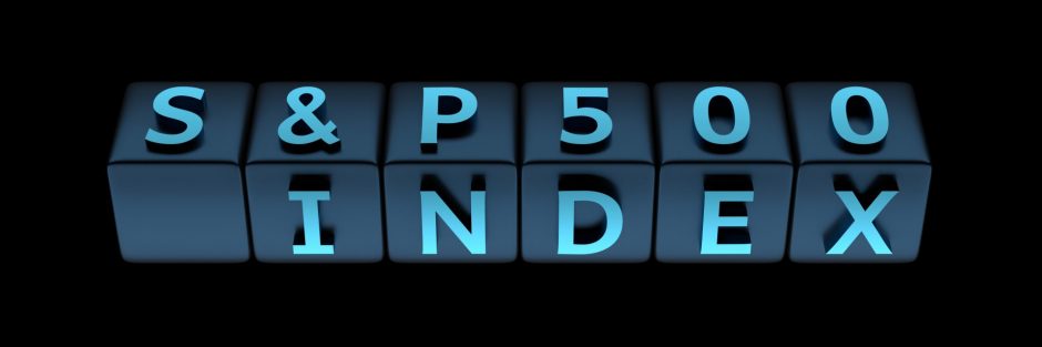 Wide web banner with finance investing business words - S&P 500 Index on rotated cubes on black background. 3d illustration.