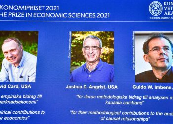 The winners of the 2021 Sveriges Riksbank Prize in Economic Sciences in Memory of Alfred Nobel (L-R) David Card from the University of California, Berkeley, USA, Joshua D. Angrist from the Massachusetts Institute of Technology, Cambridge, USA and Guido W. Imbens from the Stanford University, USA, are seen on a screen during a press conference at the Royal Swedish Academy of Sciences in Stockholm, Sweden, on October 11, 2021. - Canadian David Card, Israeli-American Joshua Angrist and Dutch-American Guido Imbens won the Nobel Economics Prize for insights into the labour market and "natural experiments", the jury said. - Sweden OUT (Photo by Claudio BRESCIANI / TT NEWS AGENCY / AFP) / Sweden OUT (Photo by CLAUDIO BRESCIANI/TT NEWS AGENCY/AFP via Getty Images)