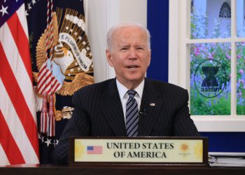 WASHINGTON, DC - OCTOBER 26: U.S. President Joe Biden delivers remarks during the annual U.S.-ASEAN Summit via video link from the South Court Auditorium in the Eisenhower Executive Office Building on October 26, 2021 in Washington, DC. According to the White House, Biden talked about efforts "to end the COVID-19 pandemic, address the climate crisis, promote economic growth, and address a range of other regional challenges and opportunities." (Photo by Chip Somodevilla/Getty Images)