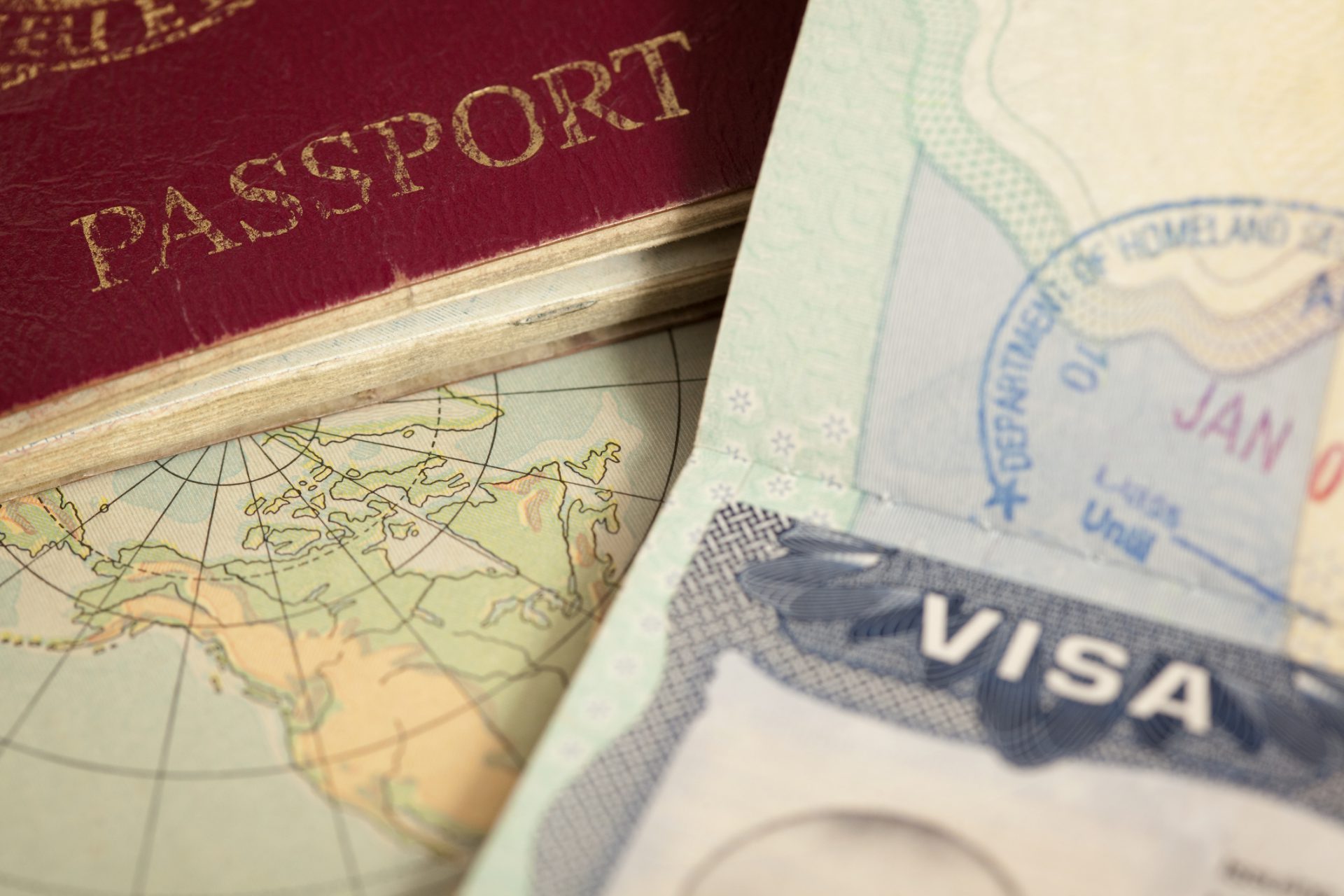 "US visa, vintage map and passport background"