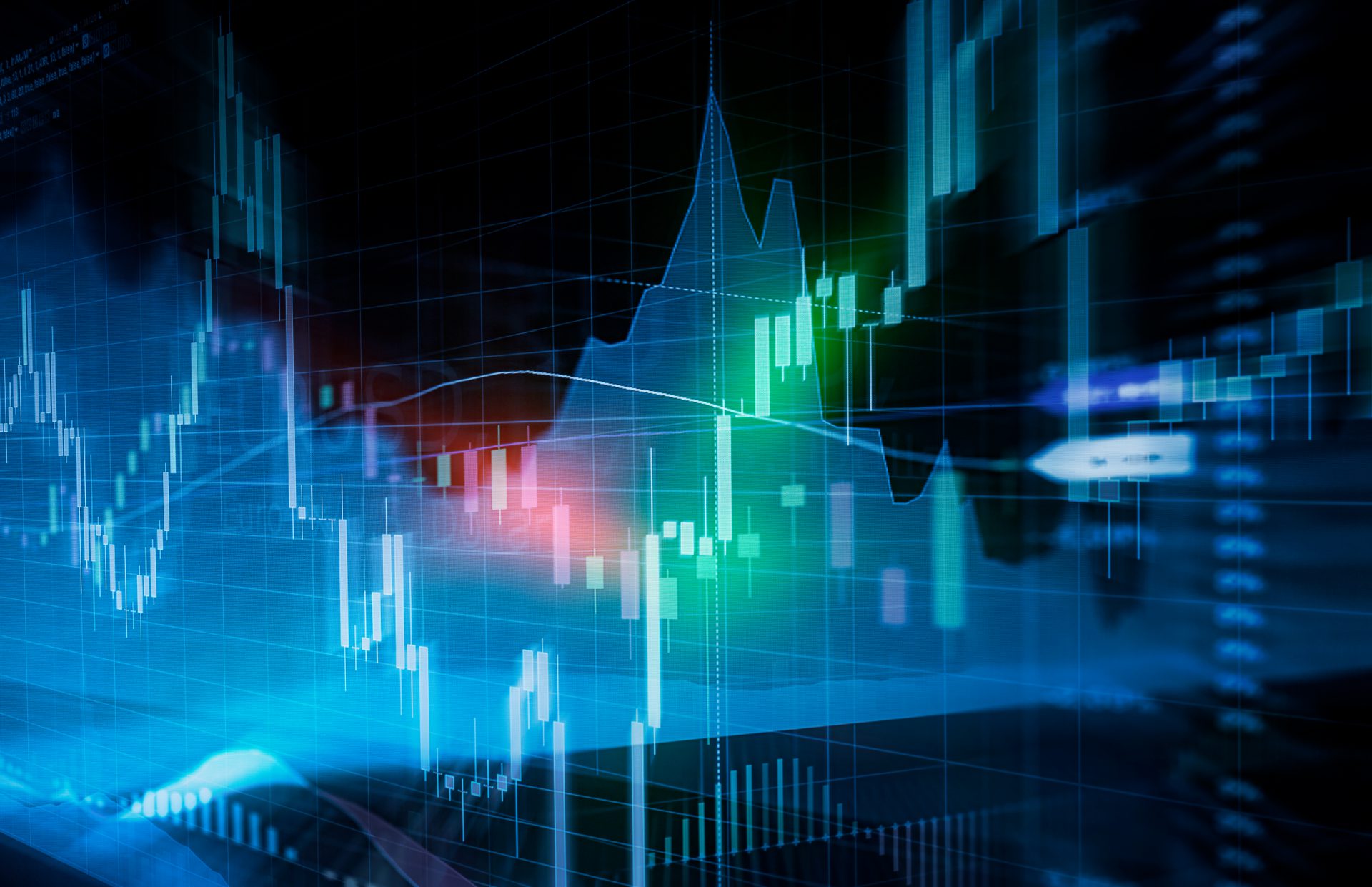Candle stick graph and bar chart of stock market investment trading. Analysis Forex price display on computer screen.