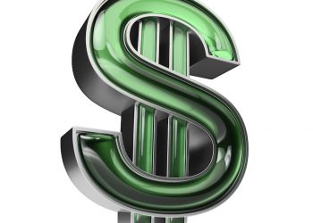 Metal and green glass Dollar symbol, on white background, cut out