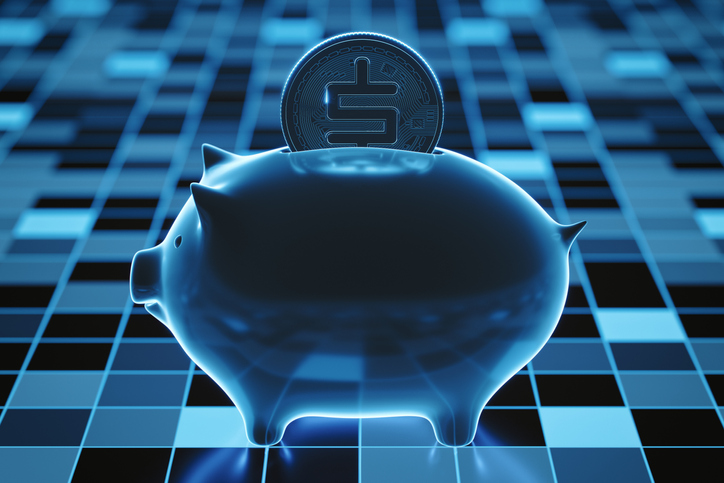 Piggy bank and digital coin on abstract environment.
