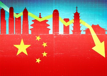 Concept illustration of the difficult situation of the big China real estate company. The illustration shows a background of the China flag with a graph among the cityscape of some chinese buildings.