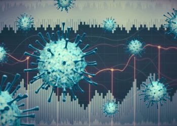 Abstract coronavirus economic infographics concept with charts and graphs in the background and virus cells in the foreground
