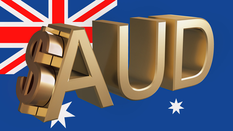 Gilded AUD dollar symbol on the background of the flag of Australia. Finance concept. Rendering 3D.