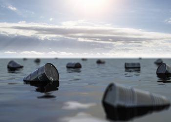 Oil barrels floating on the oil sea. Oil industry crisis concept. 3d illustration