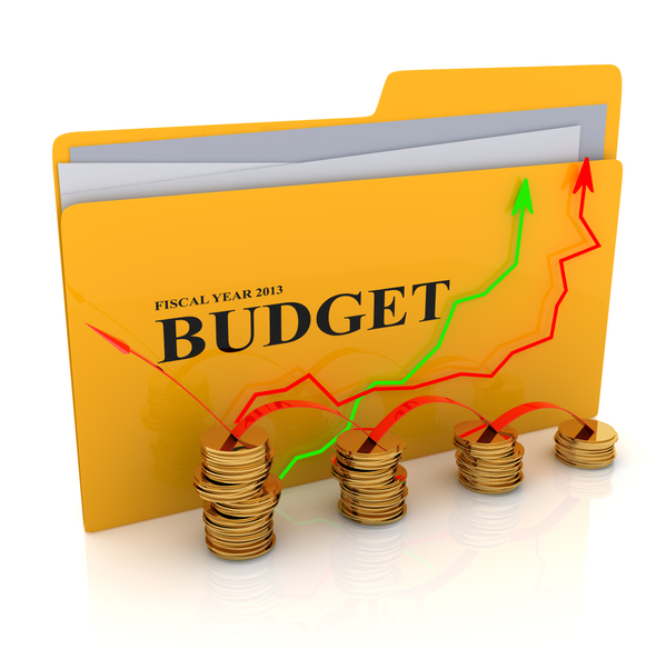 Folder with budget documents and graph coins