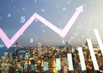 Multi exposure of virtual abstract financial graph and upward arrow on Chicago city skyline background, forex and investment concept