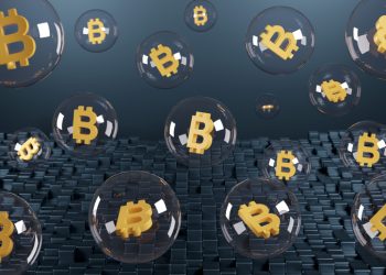 Bubbles with the bitcoin symbol inside. 3d illustration