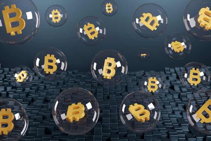 Bubbles with the bitcoin symbol inside. 3d illustration