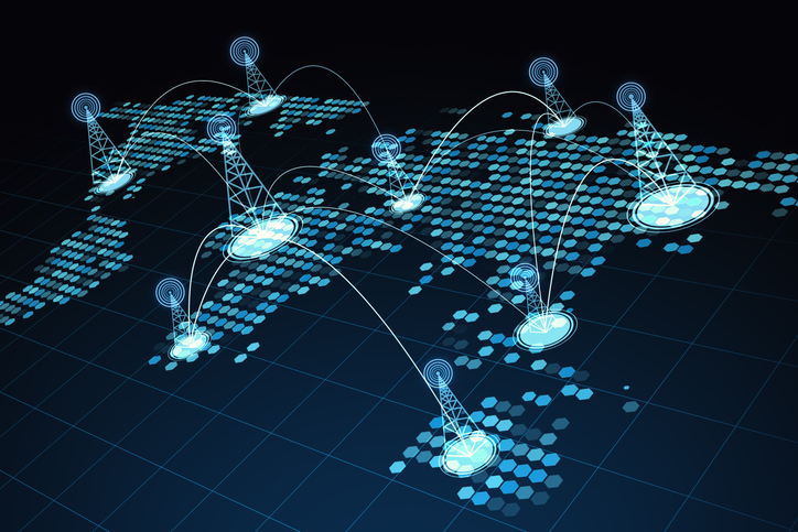 Glowing digital map with location pins on blue background. 3D Rendering