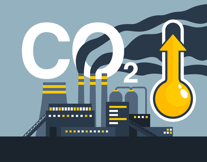 CO2 emissions affects global warming - dangerous carbon dioxide air pollution of industry. Environmental footprint with greenhouse gases and global warming. Decarbonization concept