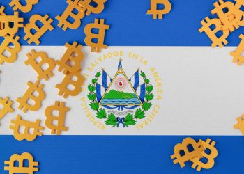 El Salvador flag with Bitcoin icons above it. 3d illustration
