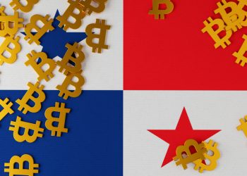 Panama flag with Bitcoin coins above it. 3d illustration