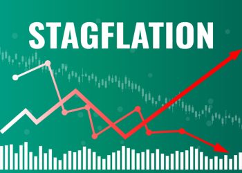 Text Stagflation in the economy on green finance background with graphs, charts, columns, red arrows, candlestick. Financial market concept