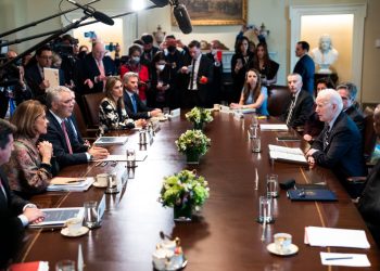 WASHINGTON, DC - MARCH 10: U.S. President Joe Biden and members of his cabinet meet with Colombian President Ivan Duque, Vice President and Minister of Foreign Affairs Marta Lucia Ramirez and other members of that government in the Cabinet Room of the White House on March 10, 2022 in Washington, DC. The two leaders are likely to talk about recent meetings between the United States and Venezuela, where the possibility of easing U.S. oil sanctions on Venezuela were discussed after Biden banned Russian oil imports earlier this week. (Photo by Doug Mills-Pool/Getty Images)