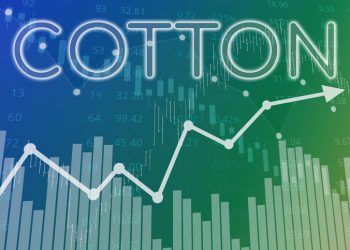Word Cotton on blue and green finance background from graphs, charts. Trend Up and Down. Financial market concept