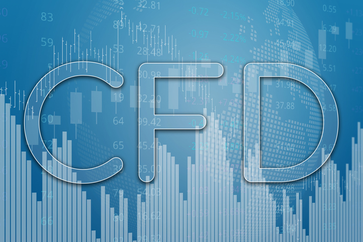 Financial term CFD (Contract For Difference) on blue finance background. Uptrend and downtrend. Financial market concept