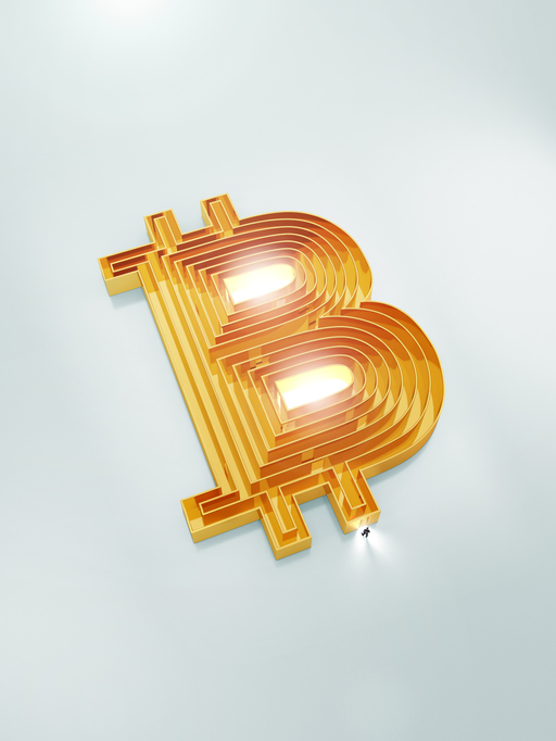 Maze inside a bitcoin symbol with a man at the entrance
