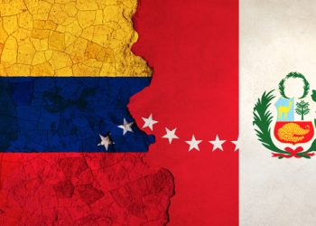 3D Illustration of Venezuela and Peru flags on a rough and smooth wall.