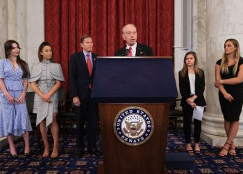 WASHINGTON, DC - SEPTEMBER 15: (L-R) Former U.S. Olympic gymnast McKayla Maroney, national champion Jessica Howard, Olympian Aly Raismam, Sen. Richard Blumenthal (D-CT), Sen. Charles Grassley (R-IA), gymnast Kaylee Lorincz and NCAA and world champion gymnast Maggie Nichols hold a news conference in the Russell Senate Office Building following the gymnasts' testimony before the Senate Judiciary Committee on September 15, 2021 in Washington, DC. Maroney, Raisman and Nichols testified about the abuse they experienced at the hands of Larry Nassar, the now-imprisoned U.S. women's national gymnastics team doctor, and the Federal Bureau of Investigation’s lack of urgency when handling their cases. (Photo by Chip Somodevilla/Getty Images)