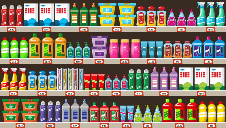 Shelves with household chemicals in shop. Vector illustration